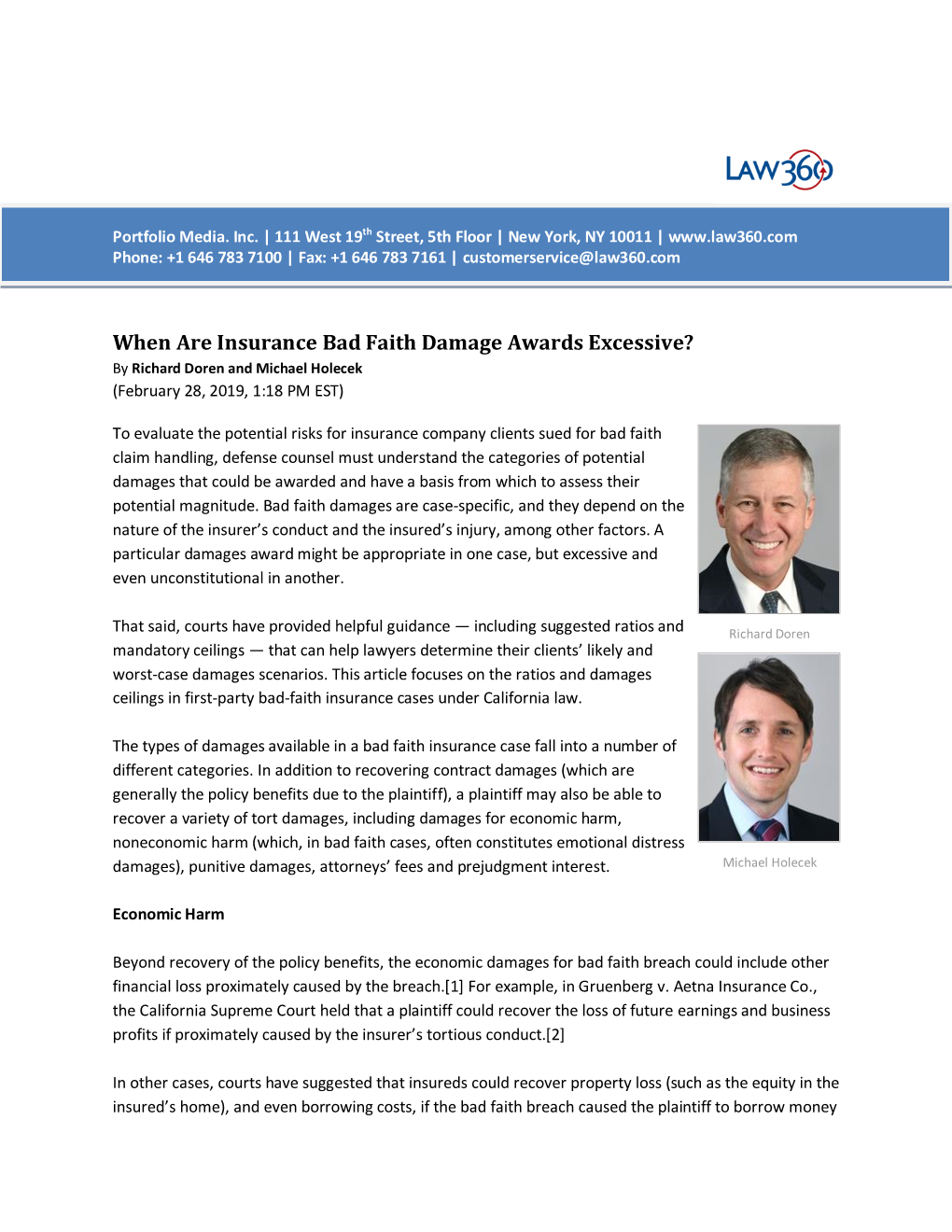 When Are Insurance Bad Faith Damage Awards Excessive? by Richard Doren and Michael Holecek (February 28, 2019, 1:18 PM EST)