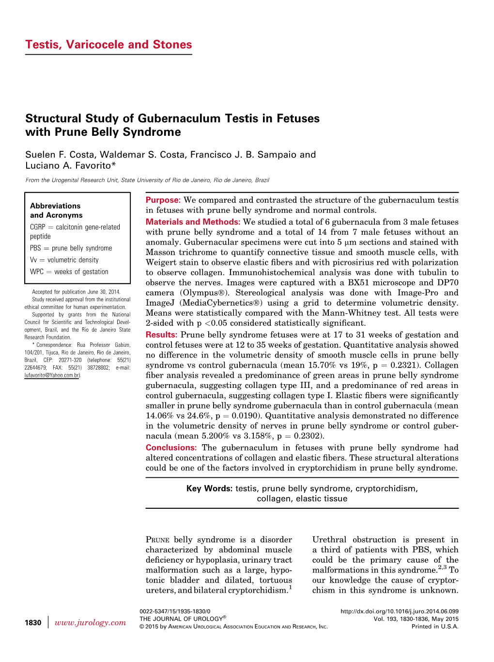 Structural Study of Gubernaculum Testis in Fetuses with Prune Belly Syndrome