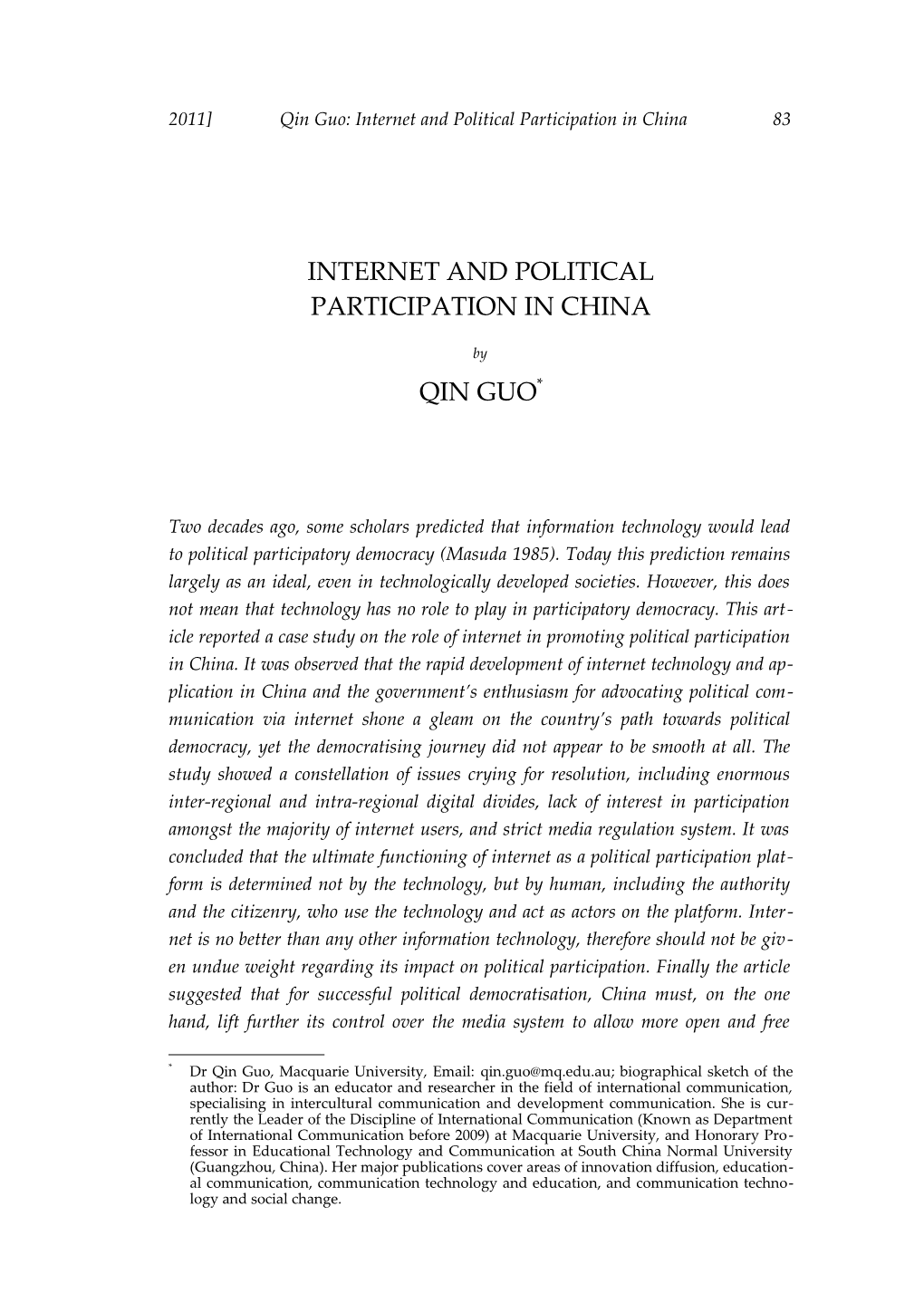 Qin Guo: Internet and Political Participation in China 83