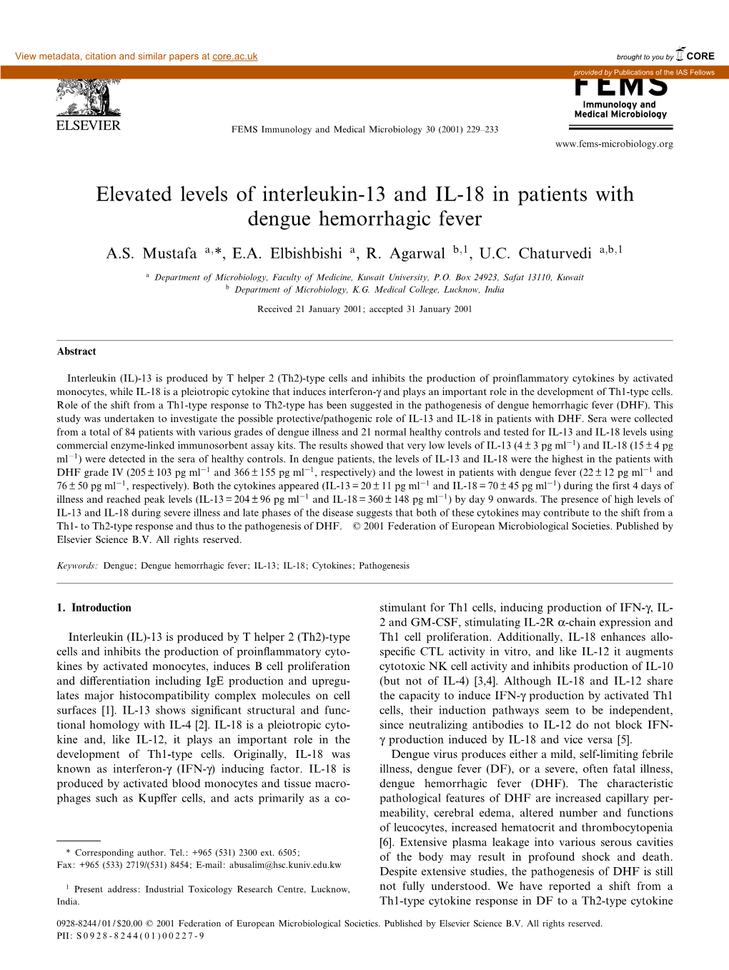 Elevated Levels of Interleukin-13 and IL-18 in Patients with Dengue Hemorrhagic Fever