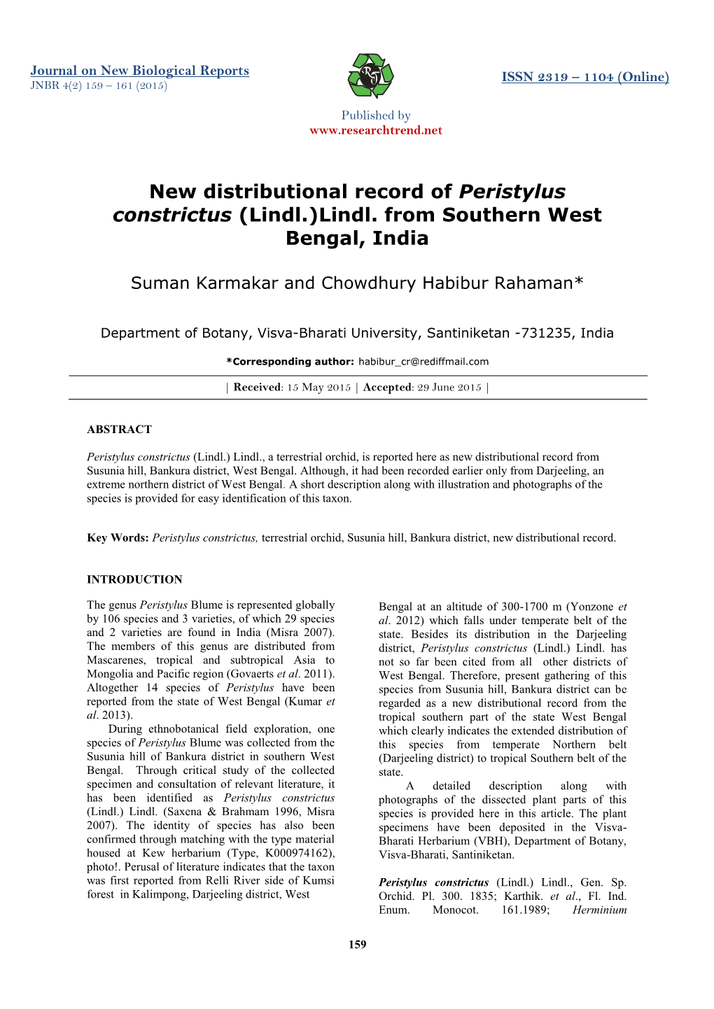 New Distributional Record of Peristylus Constrictus (Lindl.)Lindl