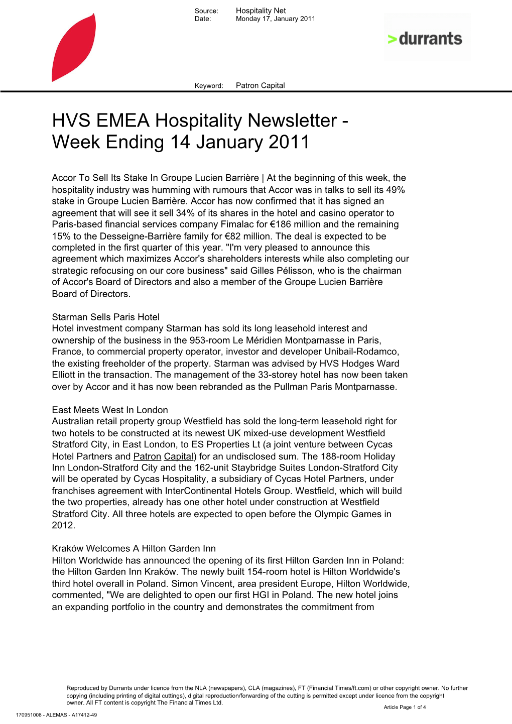 HVS EMEA Hospitality Newsletter - Week Ending 14 January 2011