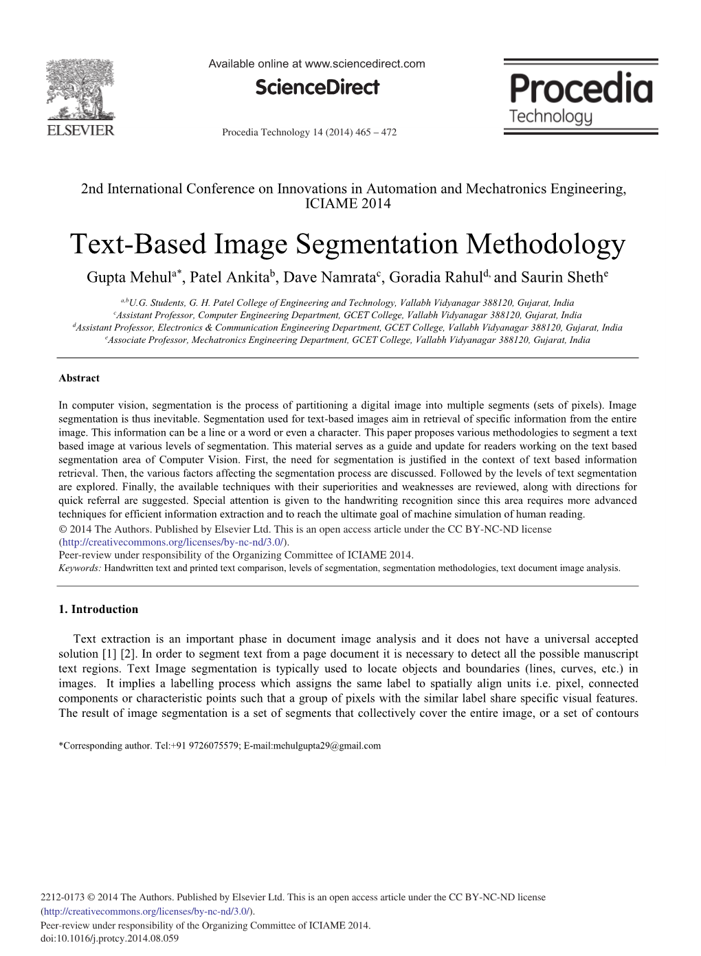 Text-Based Image Segmentation Methodology Gupta Mehula*, Patel Ankitab, Dave Namratac, Goradia Rahuld, and Saurin Shethe