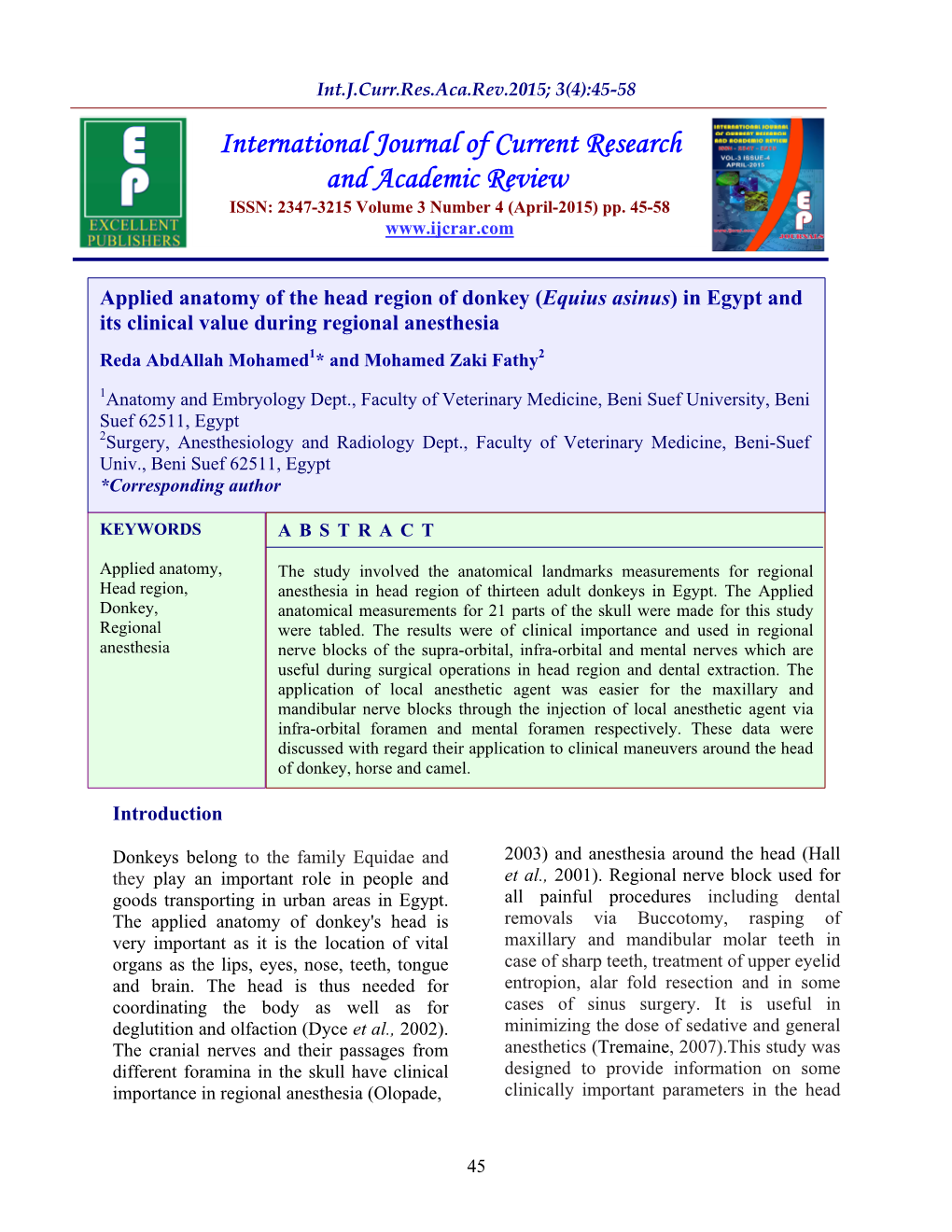 Applied Anatomy of the Head Region of Donkey (Equius Asinus) in Egypt