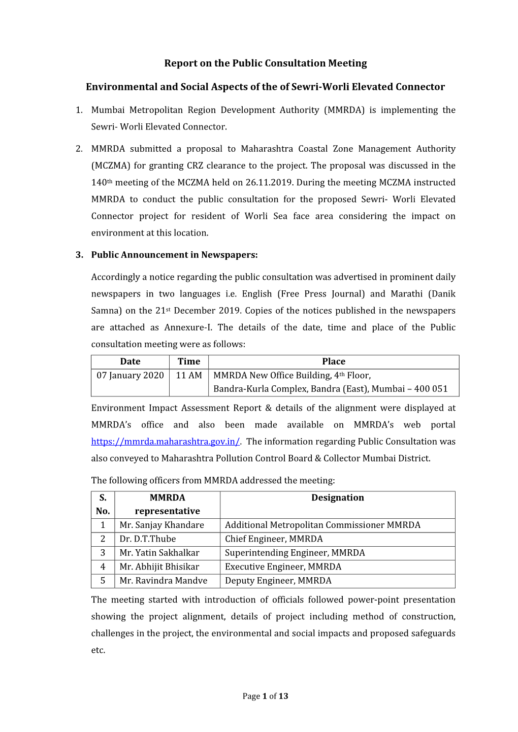 Sewri Worli Elevated Connector Report of Public Consultation