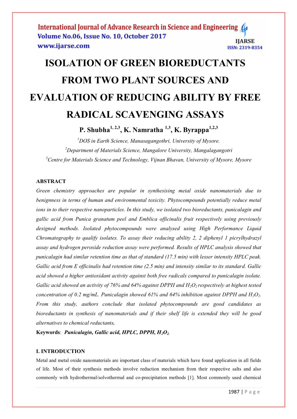 Isolation of Green Bioreductants from Two Plant Sources and Evaluation of Reducing Ability by Free Radical Scavenging Assays P
