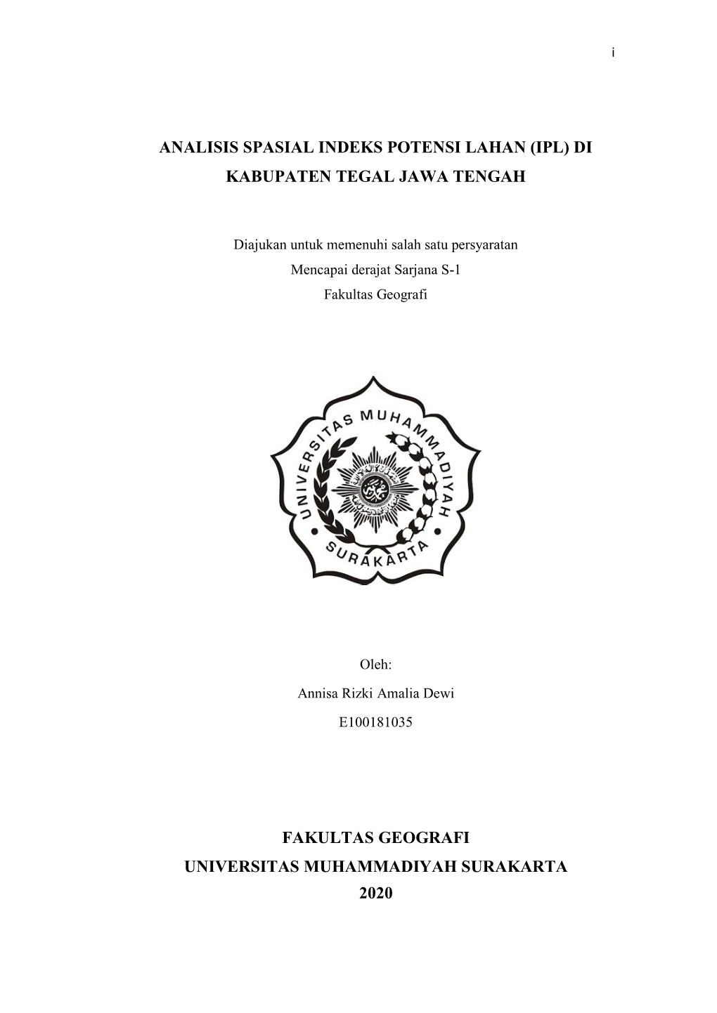 Analisis Spasial Indeks Potensi Lahan (Ipl) Di Kabupaten Tegal Jawa Tengah