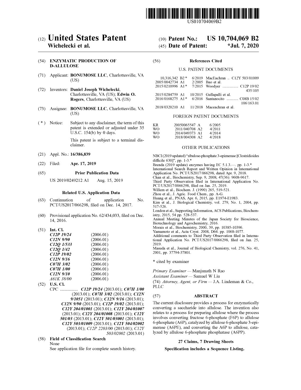 ( 12 ) United States Patent (10 ) Patent No.: US 10,704,069 B2 Wichelecki Et Al
