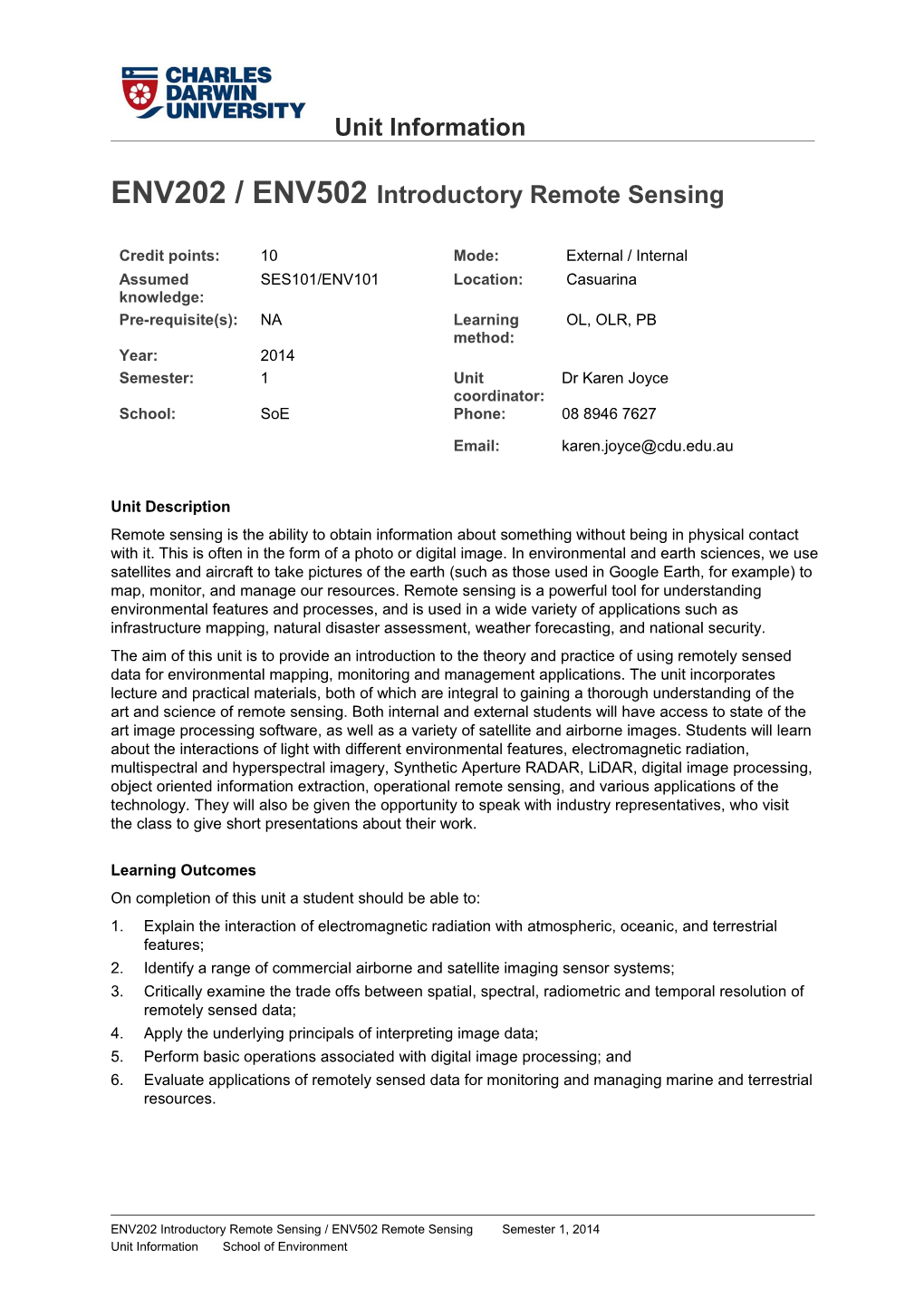 ENV202 / ENV502 Introductory Remote Sensing