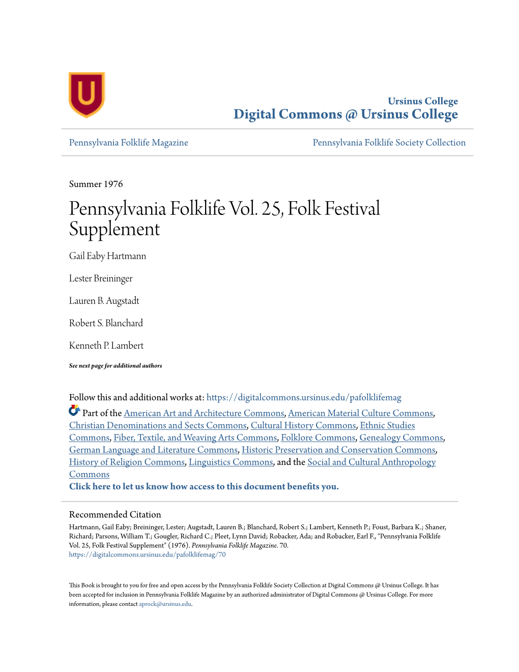 Pennsylvania Folklife Vol. 25, Folk Festival Supplement Gail Eaby Hartmann