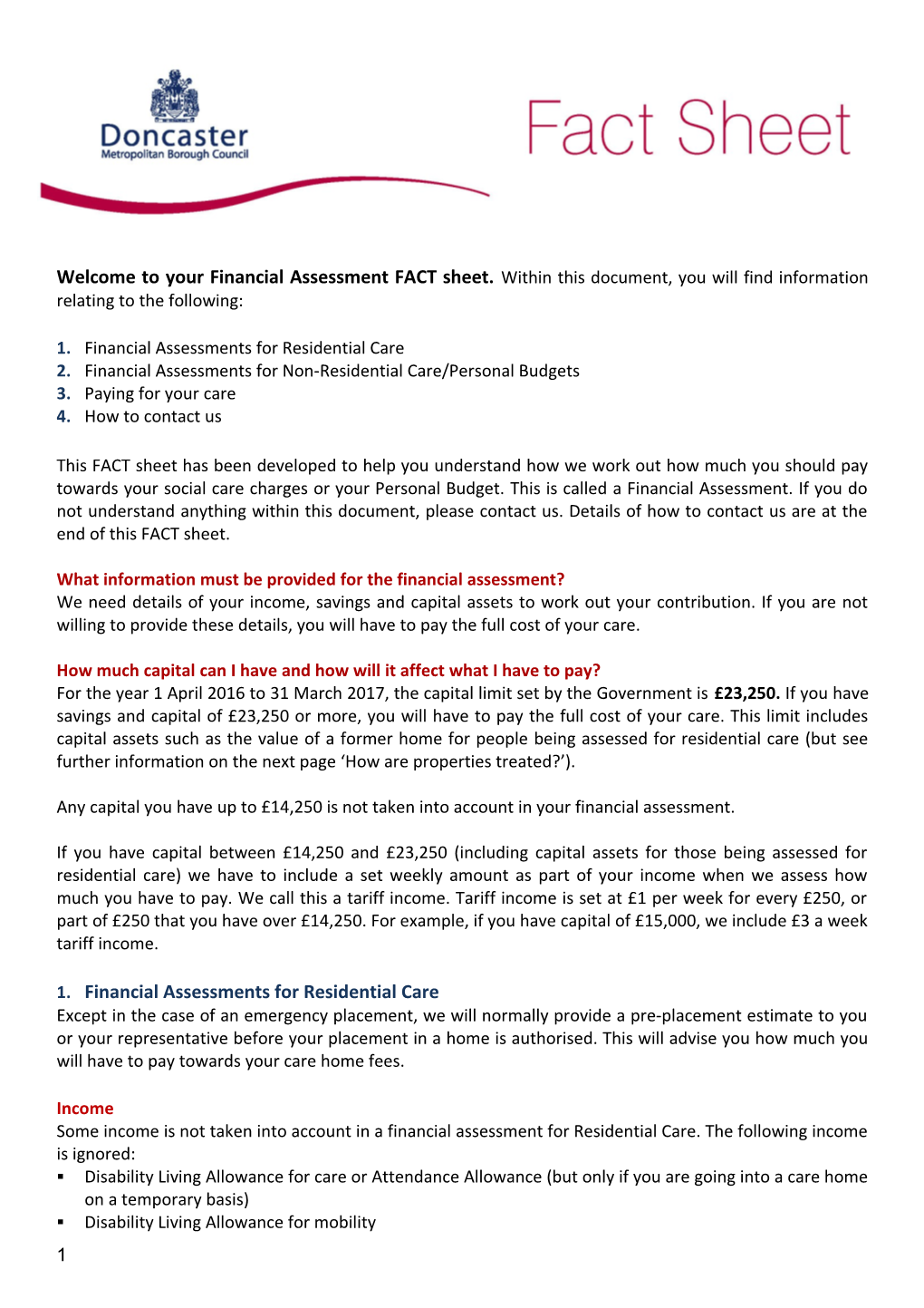 1. Financial Assessments for Residential Care