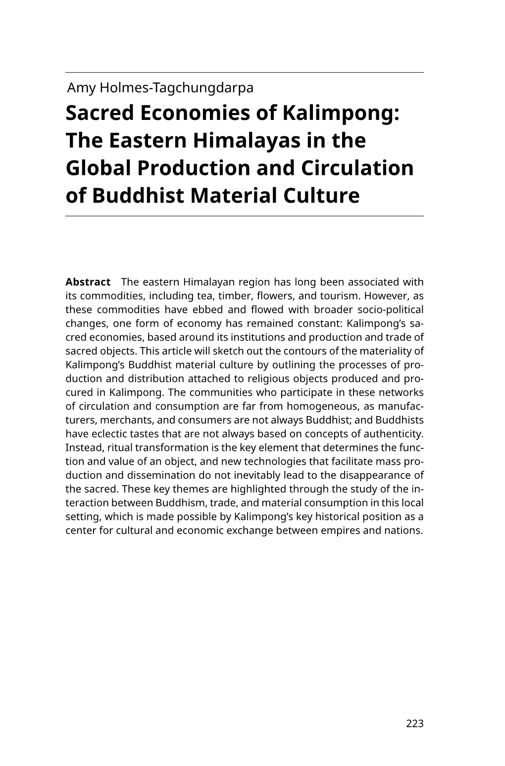 Sacred Economies of Kalimpong: the Eastern Himalayas in the Global Production and Circulation of Buddhist Material Culture