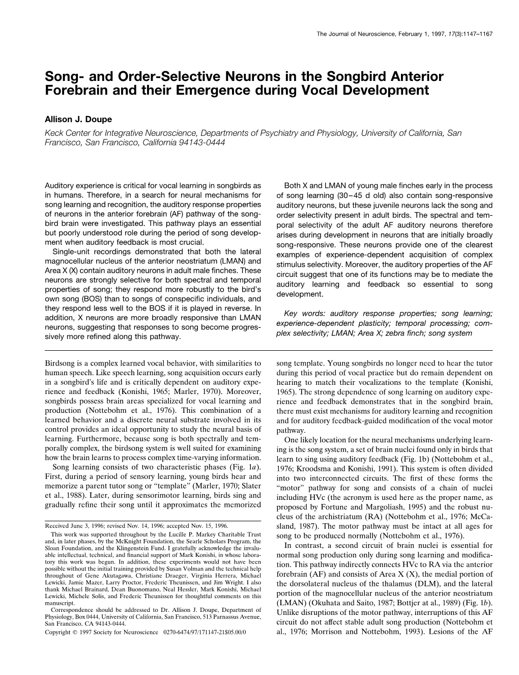 Song- and Order-Selective Neurons in the Songbird Anterior Forebrain and Their Emergence During Vocal Development