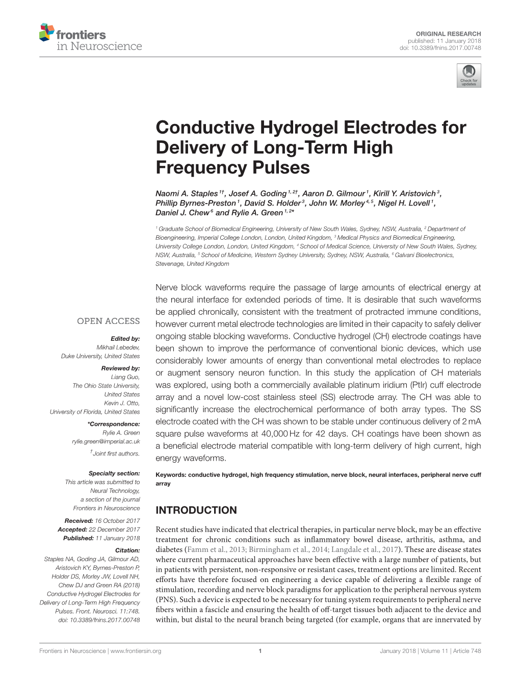 Conductive Hydrogel Electrodes for Delivery of Long-Term High Frequency Pulses