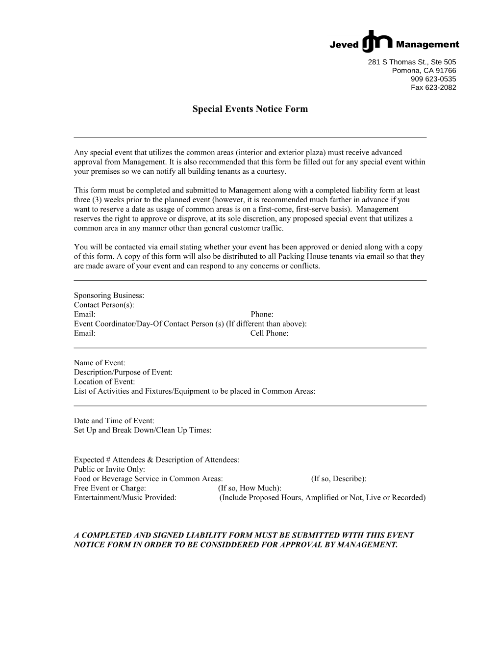 Special Events Notice Form