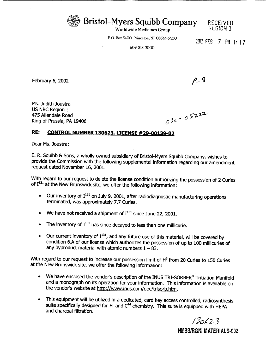 E.R. Squibb & Sons, Inc., Supplemental Information Letter Dtd 02/06/2002
