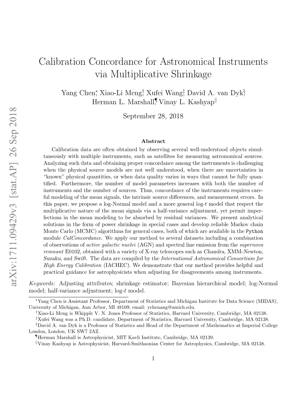 Calibration Concordance for Astronomical Instruments Via Multiplicative Shrinkage Arxiv:1711.09429V3 [Stat.AP] 26 Sep 2018