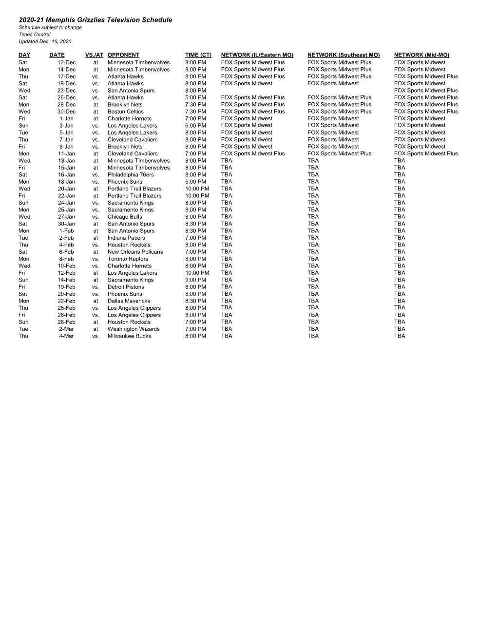 Memphis Grizzlies Television Schedule Schedule Subject to Change Times Central Updated Dec