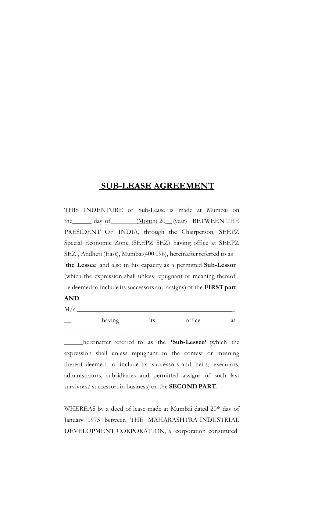 Sub-Lease Agreement