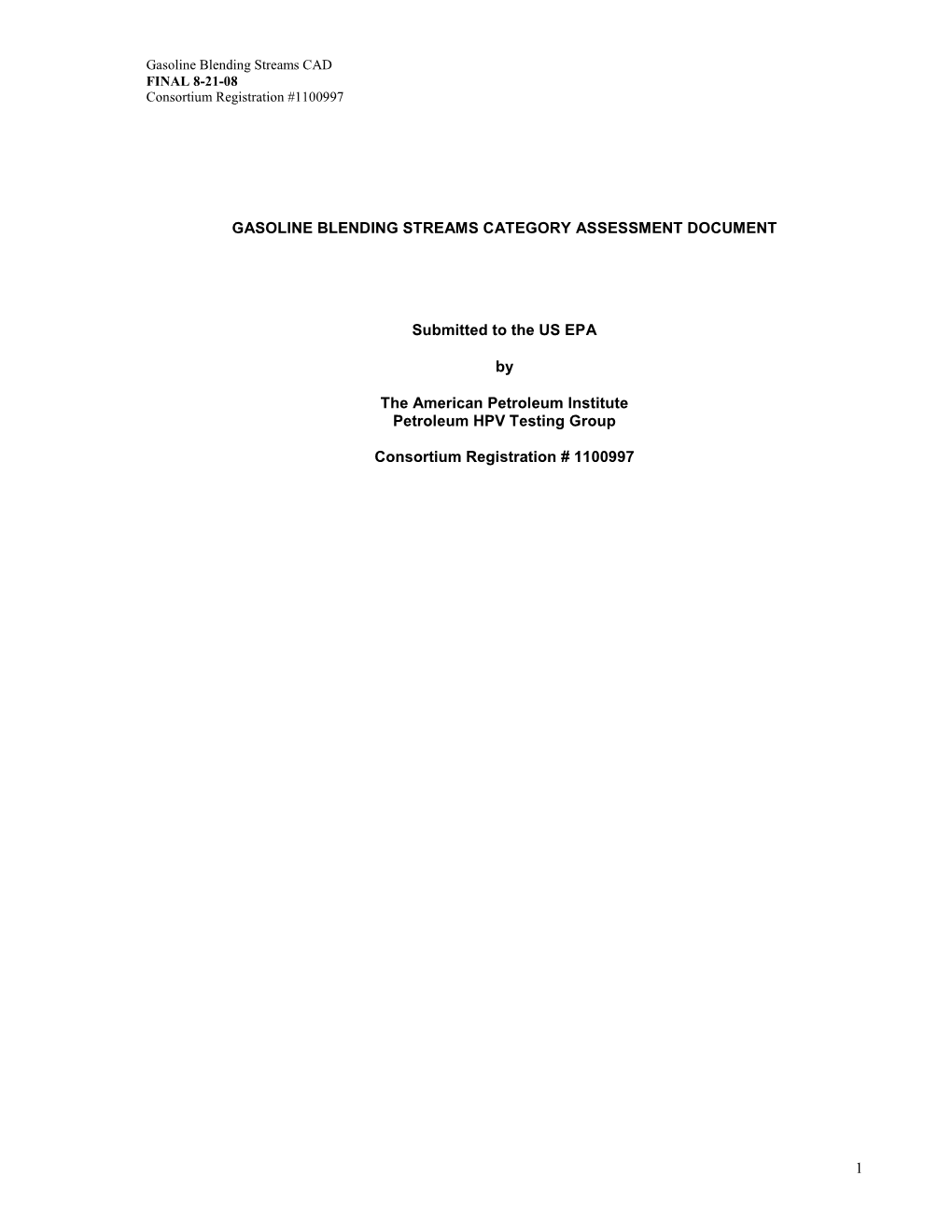 Gasoline Blending Streams Category Assessment Document