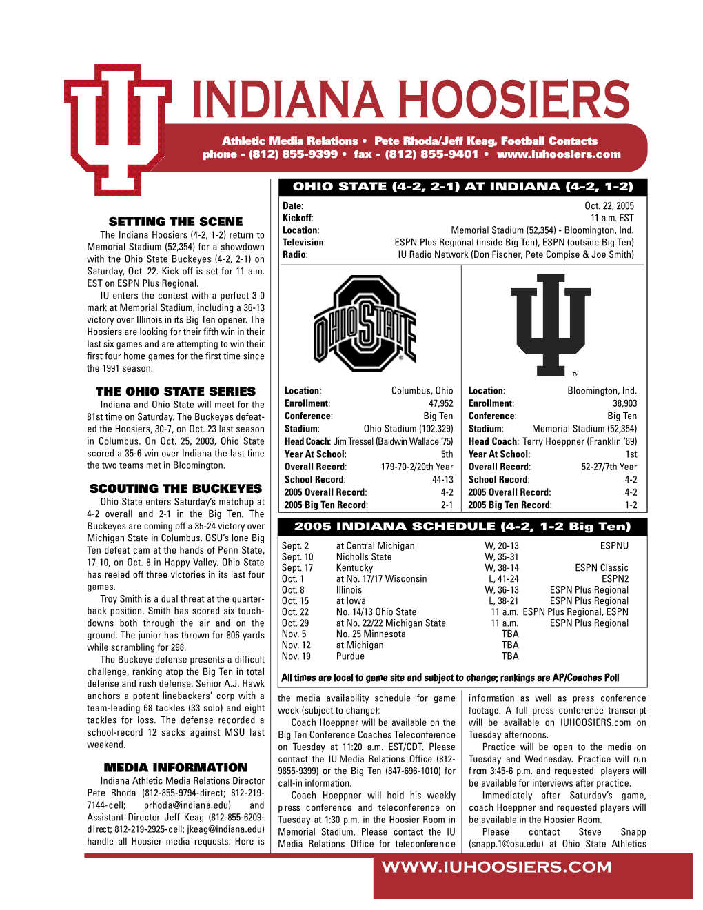 INDIANA HOOSIERS Athletic Media Relations • Pete Rhoda/Jeff Ke a G, Football Contacts Phone - (812) 855-9399 • Fax - (812) 855-9401 •