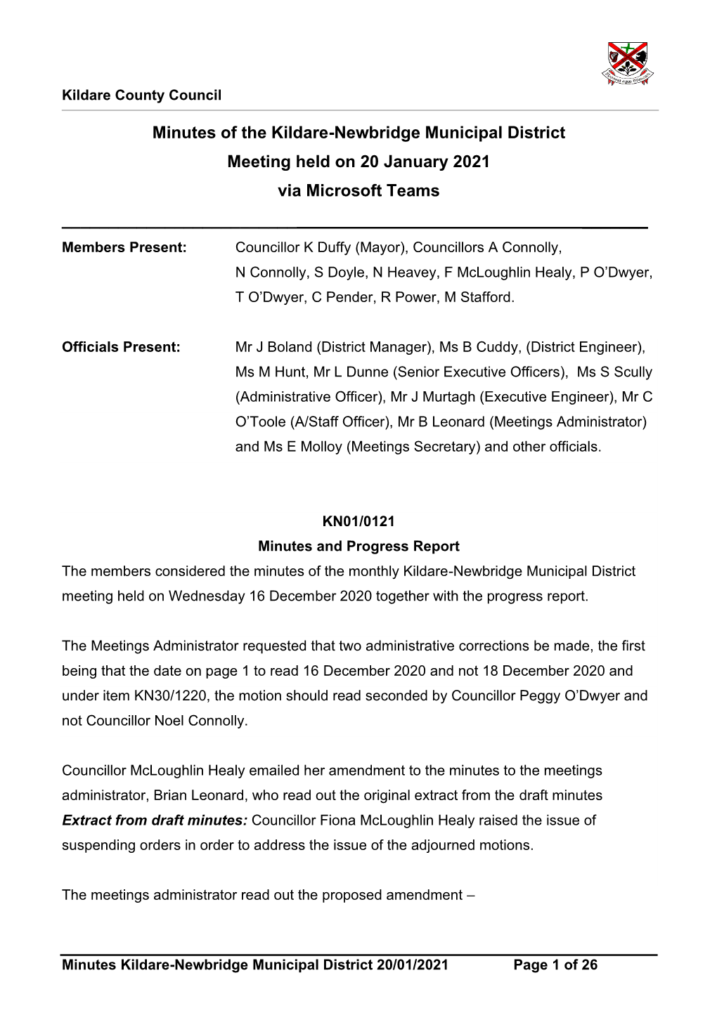Minutes of the Kildare-Newbridge Municipal District Meeting Held On