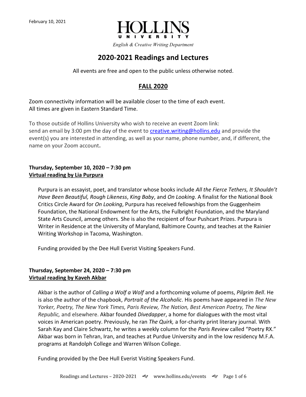 2020-2021 Readings and Lectures