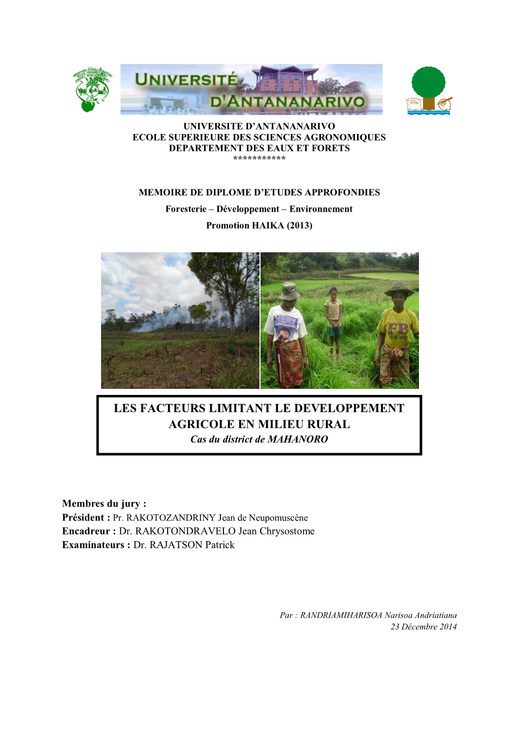 LES FACTEURS LIMITANT LE DEVELOPPEMENT AGRICOLE EN MILIEU RURAL Cas Du District De MAHANORO
