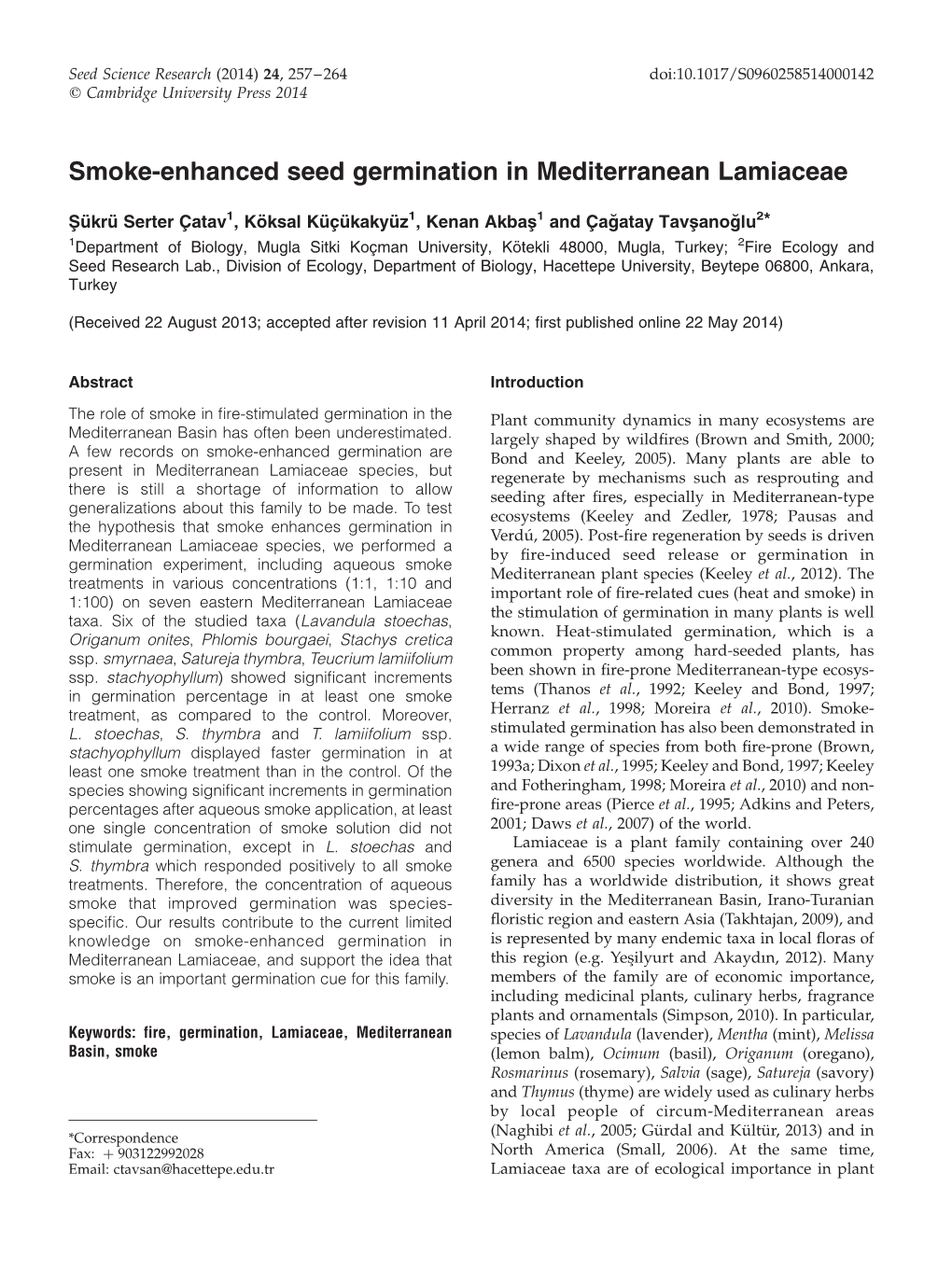 Smoke-Enhanced Seed Germination in Mediterranean Lamiaceae