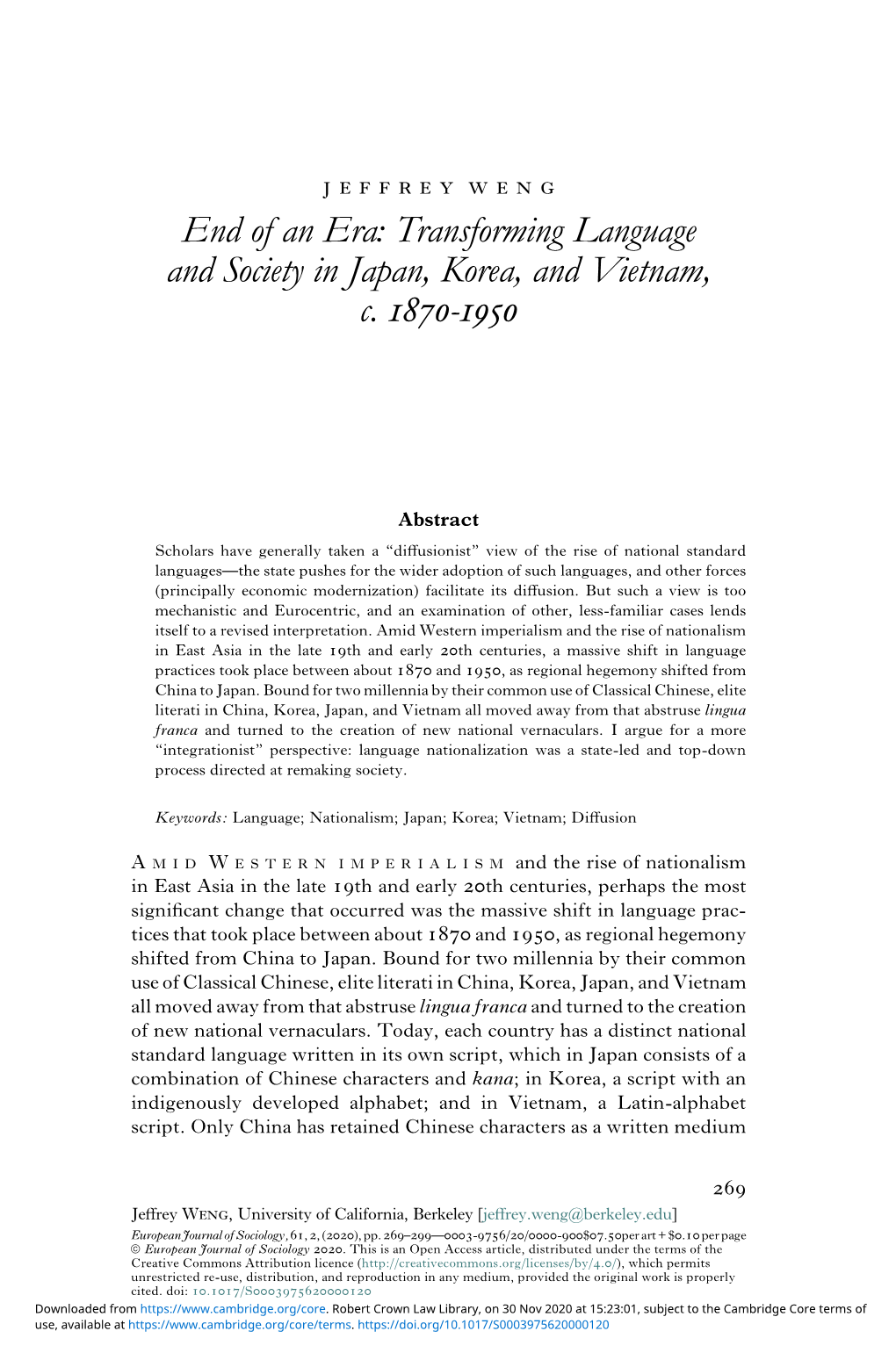 End of an Era: Transforming Language and Society in Japan, Korea, and Vietnam, C