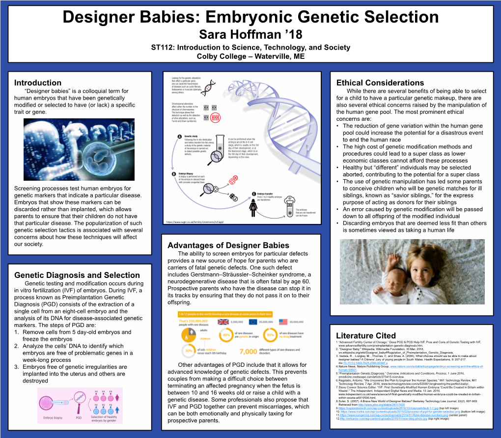 Designer Babies: Embryonic Genetic Selection Sara Hoffman ’18 ST112: Introduction to Science, Technology, and Society Colby College – Waterville, ME