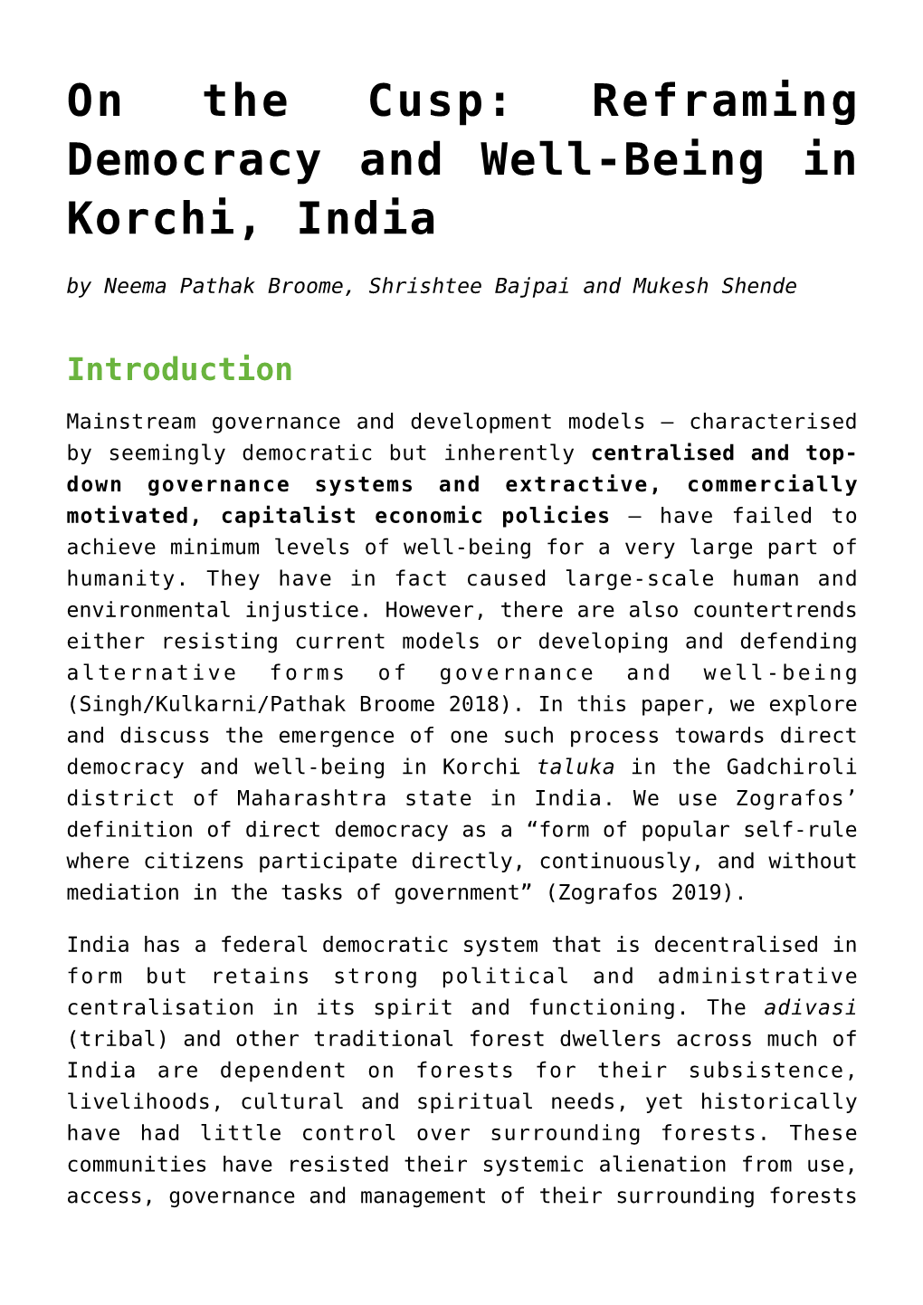 On the Cusp: Reframing Democracy and Well-Being in Korchi, India by Neema Pathak Broome, Shrishtee Bajpai and Mukesh Shende