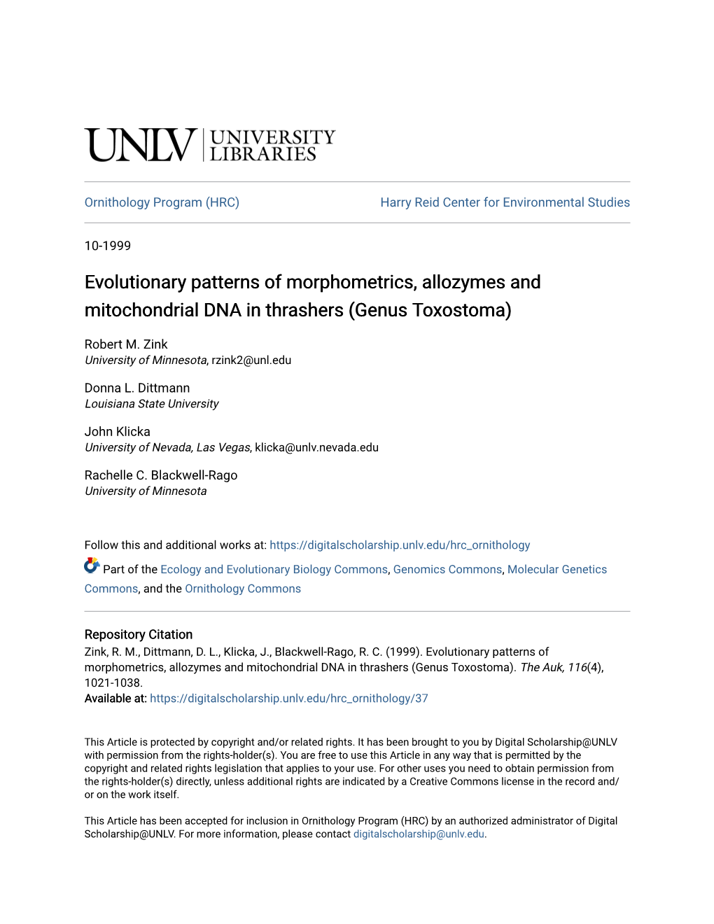 Evolutionary Patterns of Morphometrics, Allozymes and Mitochondrial DNA in Thrashers (Genus Toxostoma)