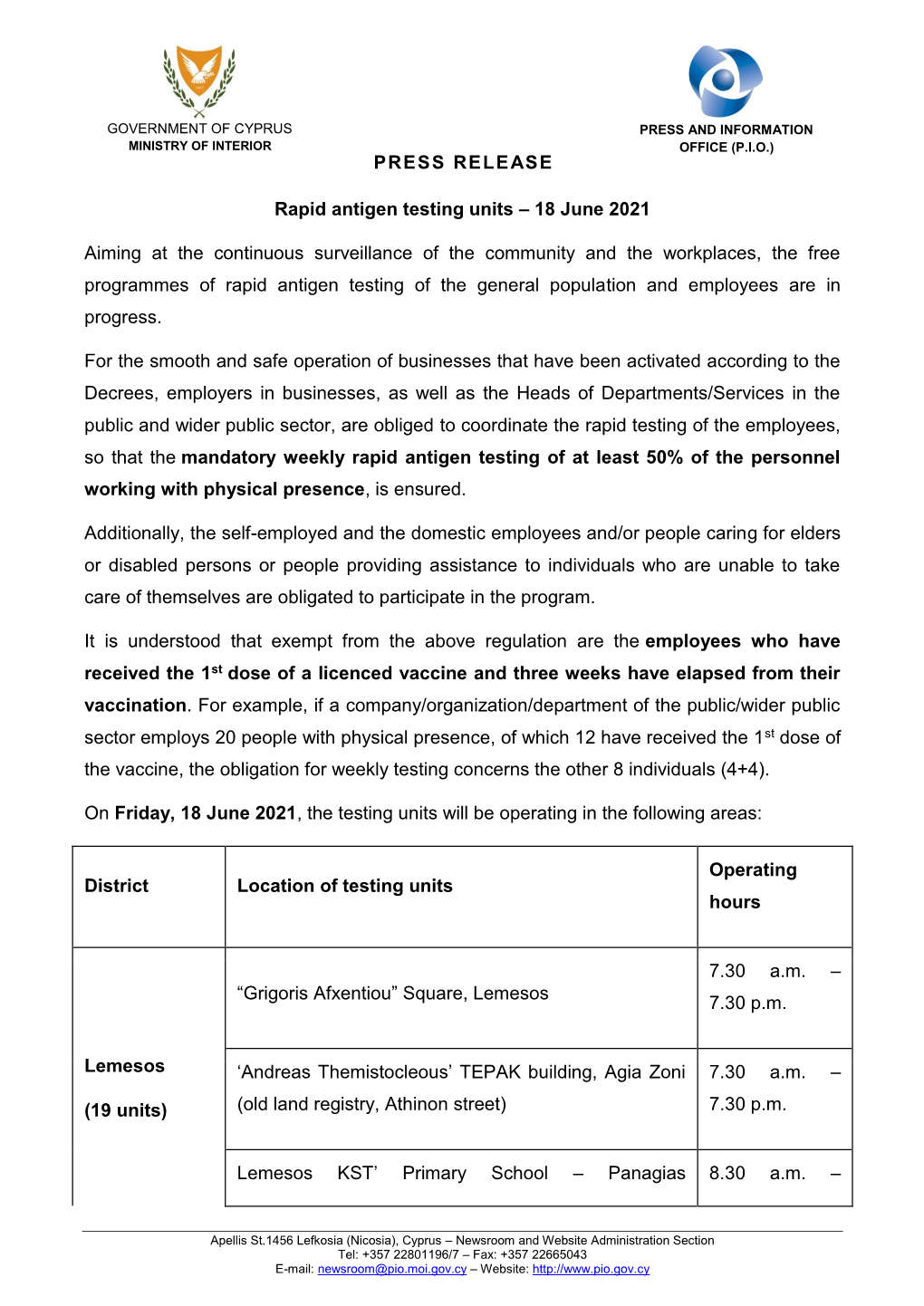 PRESS RELEASE Rapid Antigen Testing Units – 18 June 2021 Aiming