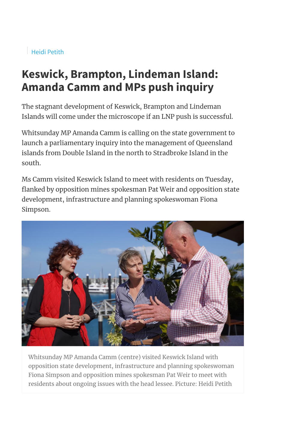 Keswick, Brampton, Lindeman Island: Amanda Camm and Mps Push Inquiry
