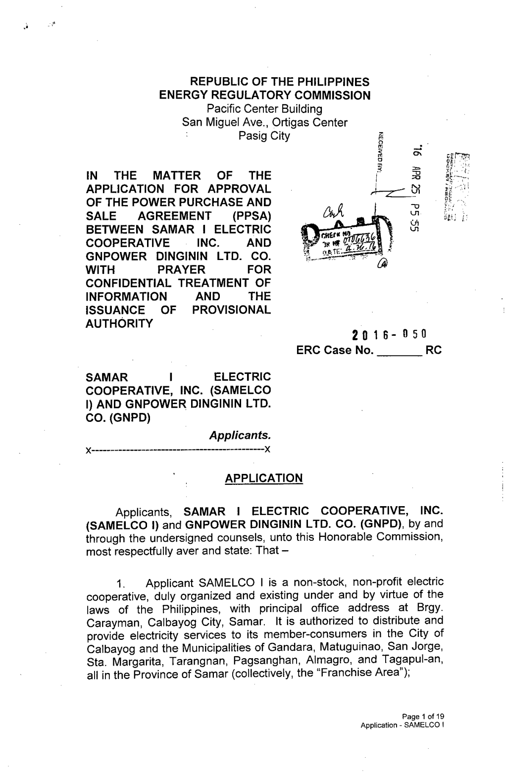 REPUBLIC of the PHILIPPINES ENERGY REGULATORY COMMISSION Pacific Center Building San Miguel Ave., Ortigas Center Pasig City N C