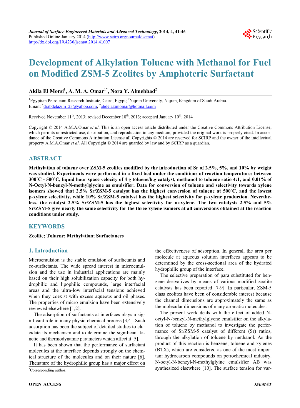 Development of Alkylation Toluene with Methanol for Fuel on Modified ZSM-5 Zeolites by Amphoteric Surfactant