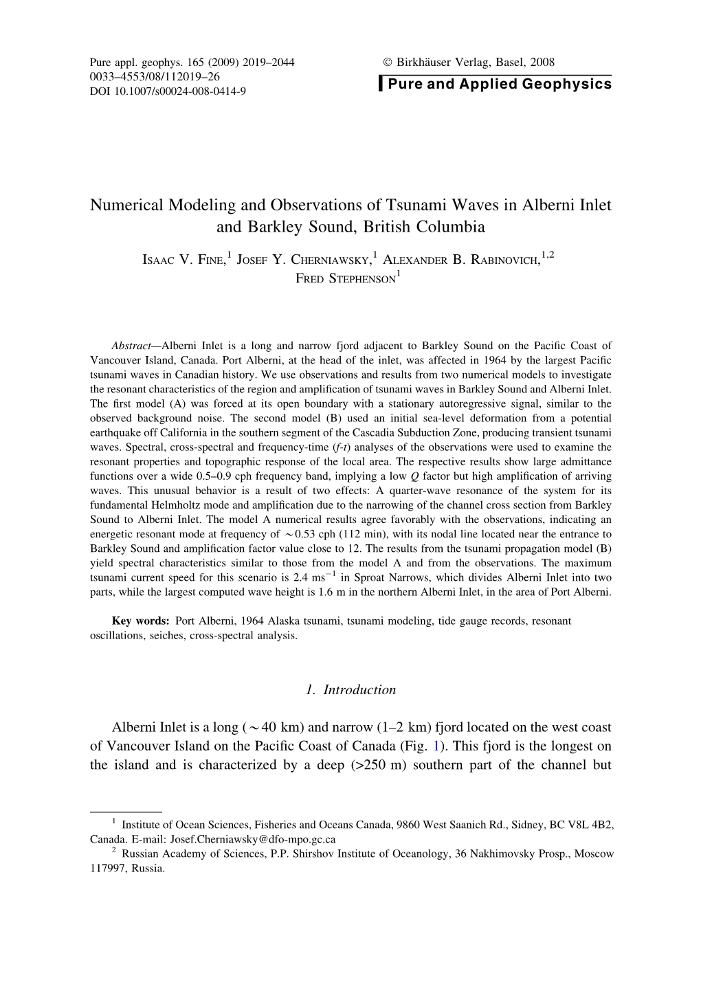 Numerical Modeling and Observations of Tsunami Waves in Alberni Inlet and Barkley Sound, British Columbia