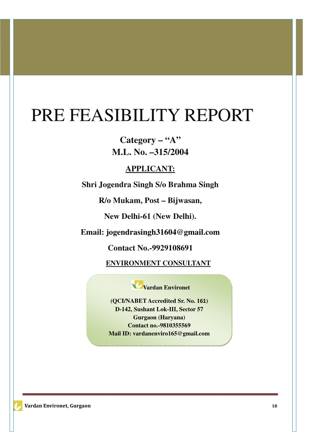 Pre Feasibility Re Pre Feasibility Report Ility Report
