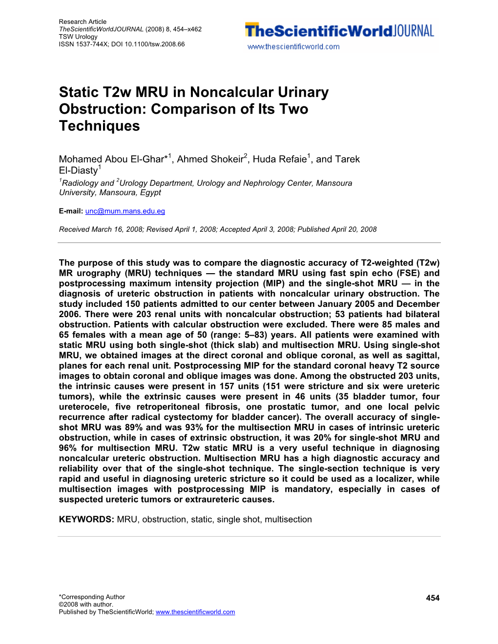 Static T2w MRU in Noncalcular Urinary Obstruction: Comparison of Its Two Techniques