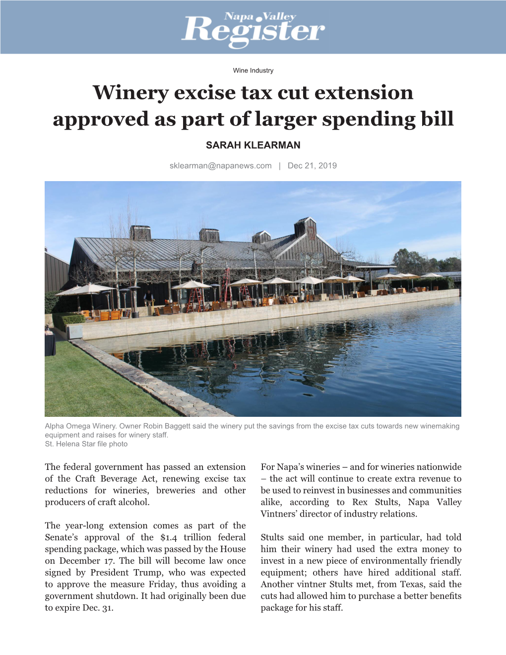 Winery Excise Tax Cut Extension Approved As Part of Larger Spending Bill