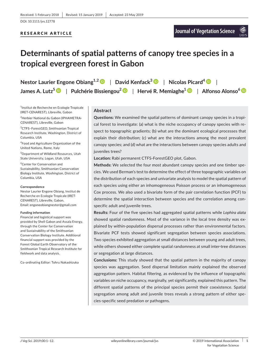 Determinants of Spatial Patterns of Canopy Tree Species in a Tropical Evergreen Forest in Gabon