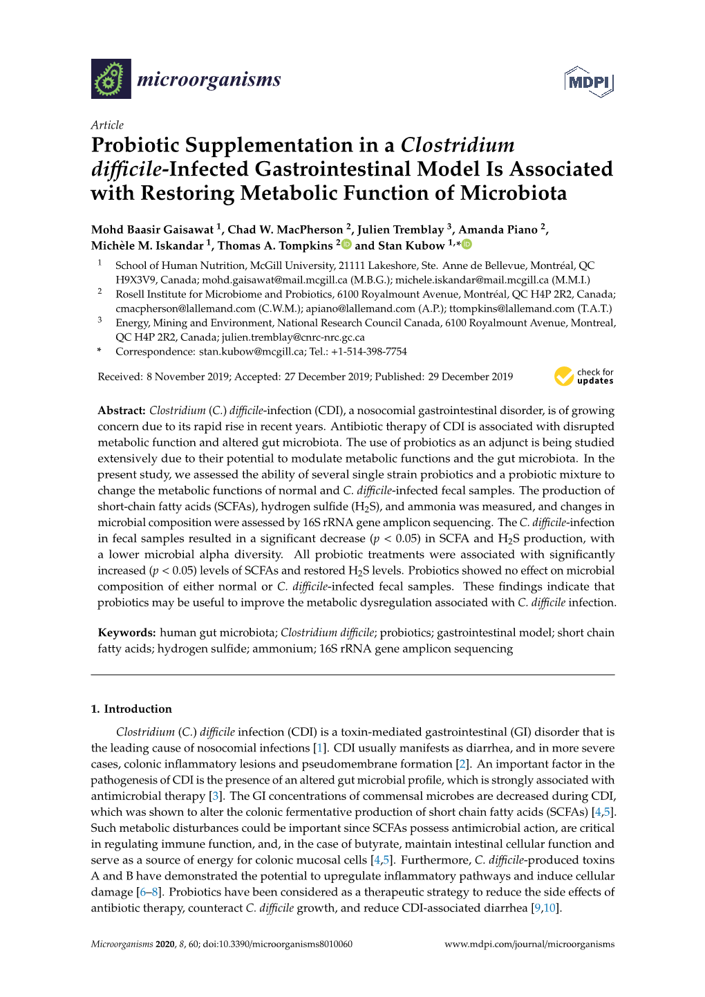 Probiotic Supplementation in a Clostridium Difficile-Infected