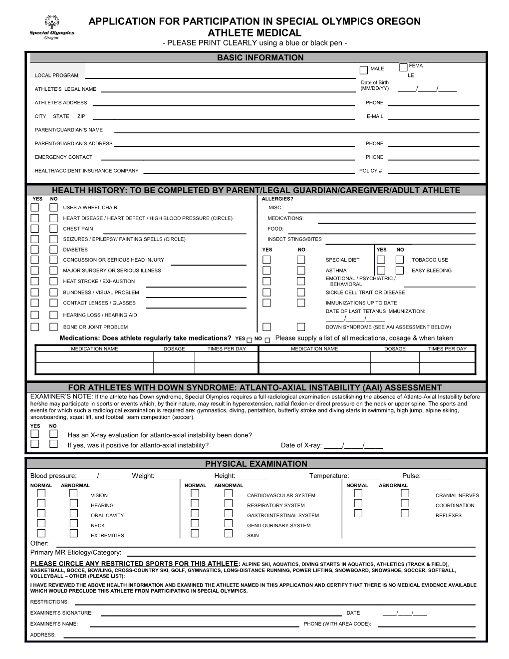 Application for Participation in Special Olympics