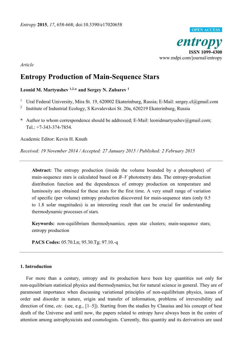 Entropy Production of Main-Sequence Stars