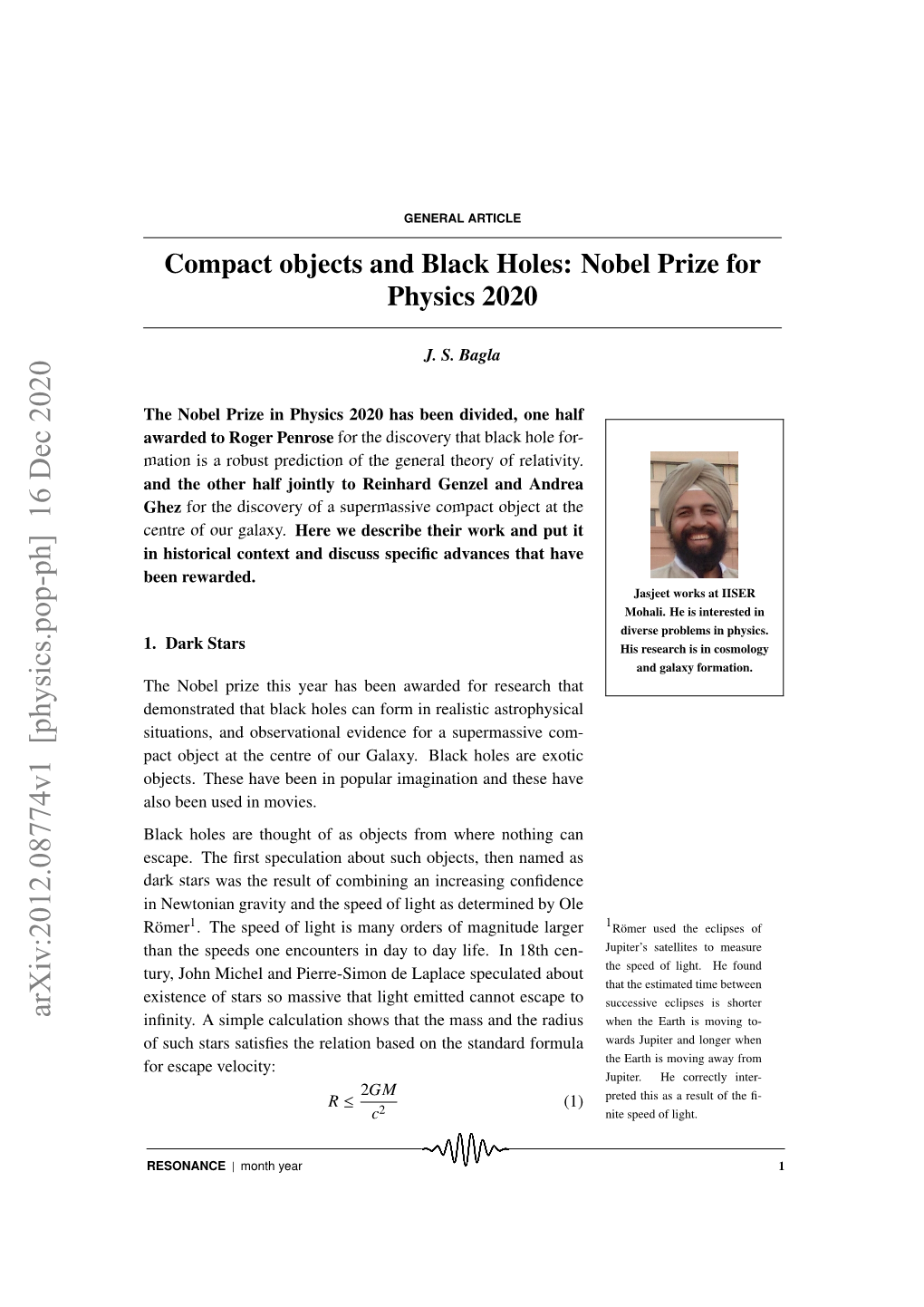 Compact Objects and Black Holes: Nobel Prize for Physics 2020