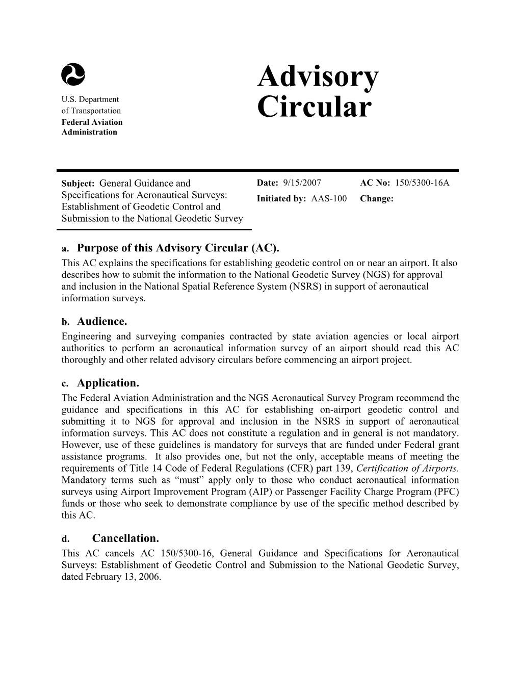 Ac 150/5300-16A, General Guidance and Specifications for Aeronautical