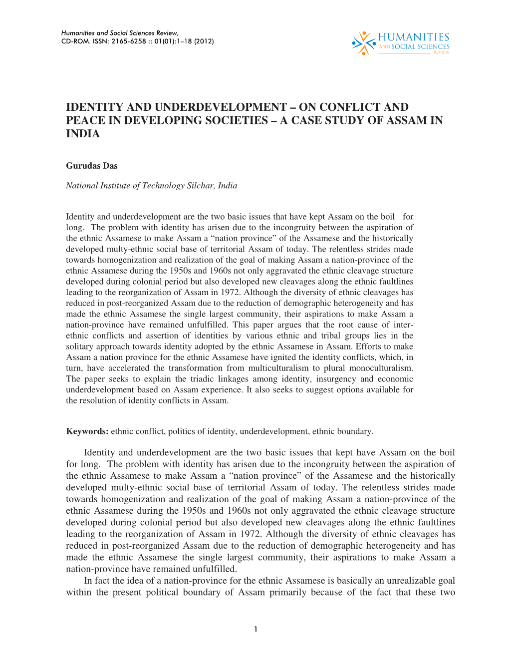 Identity and Underdevelopment – on Conflict and Peace in Developing Societies – a Case Study of Assam in India