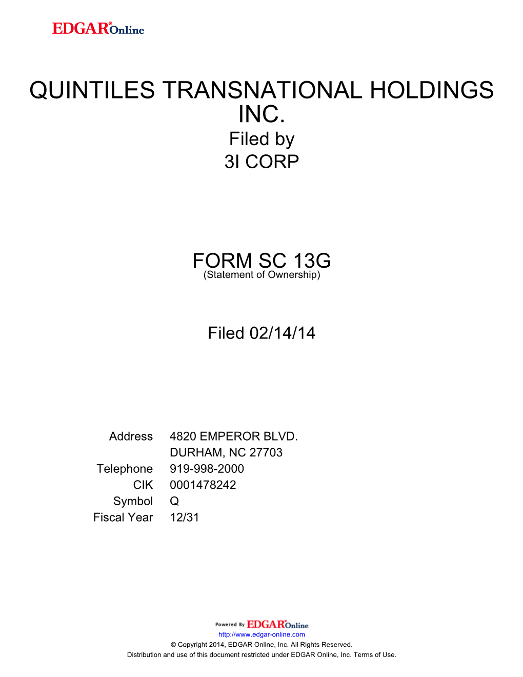QUINTILES TRANSNATIONAL HOLDINGS INC. Filed by 3I CORP