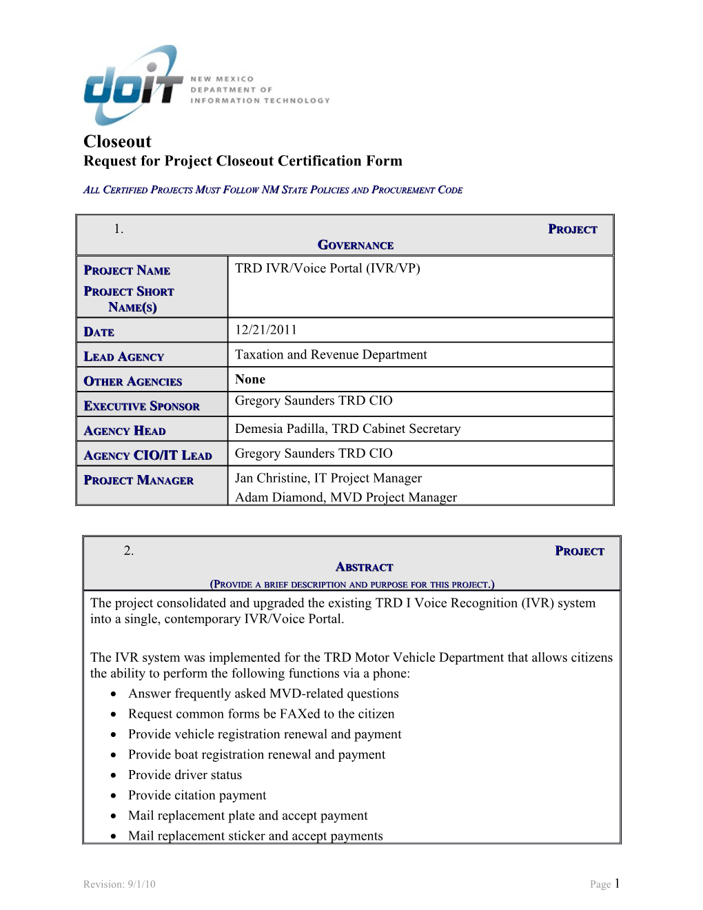 Request for Project Closeout Certification Form s3